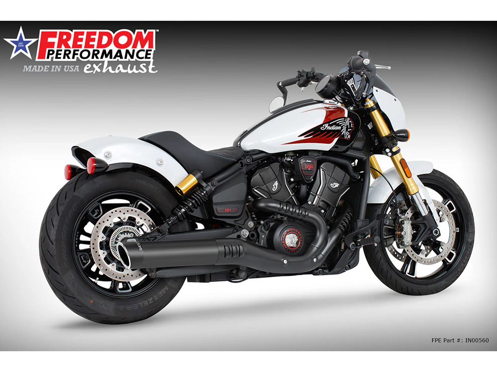 4in. Slip-On Muffler - Black with Black End Cap. Fits Indian Scout 2025up FREEDOM PERFORMANCE EXHAUST