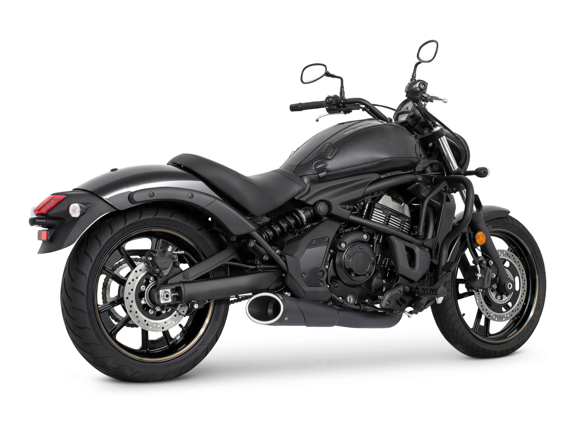 Combat Shorty 2-into-1 Exhaust - Black with Black End Cap. Fits Kawasaki Vulcan 'S' 650cc 2015up. FREEDOM PERFORMANCE EXHAUST