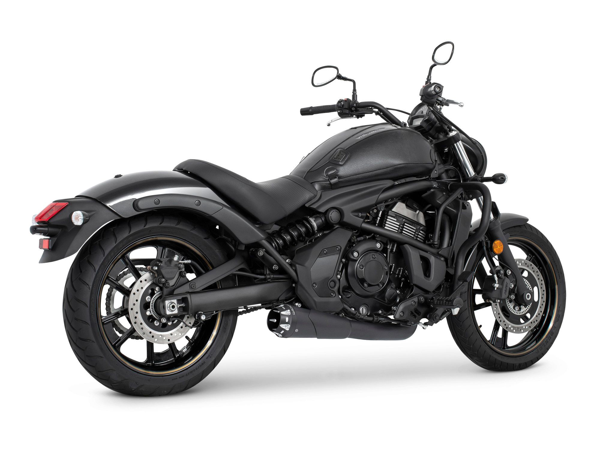 American Outlaw Shorty 2-into-1 Exhaust - Black with Black End Cap. Fits Kawasaki Vulcan 'S' 650cc 2015up. FREEDOM PERFORMANCE EXHAUST