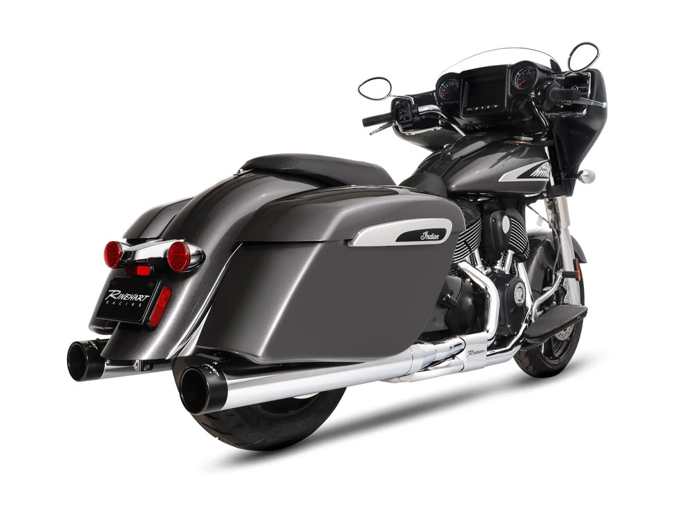 4in. DBX40 Slip-On Mufflers - Chrome with Black End Caps. Fits Indian Big Twin 2014up with Hard Saddle Bags. RINEHART EXHAUST