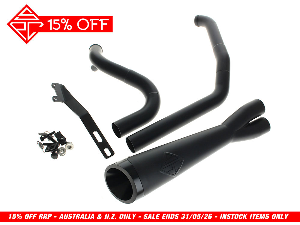 2-into-1 Cutback Exhaust - Black with Black End Cap. Fits Touring 2017up. SP Concepts EXHAUST