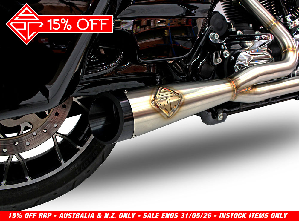 2-into-1 Cutback Exhaust - Stainless Steel with Black End Cap. Fits Touring 2017up. SP Concepts EXHAUST - Image 4