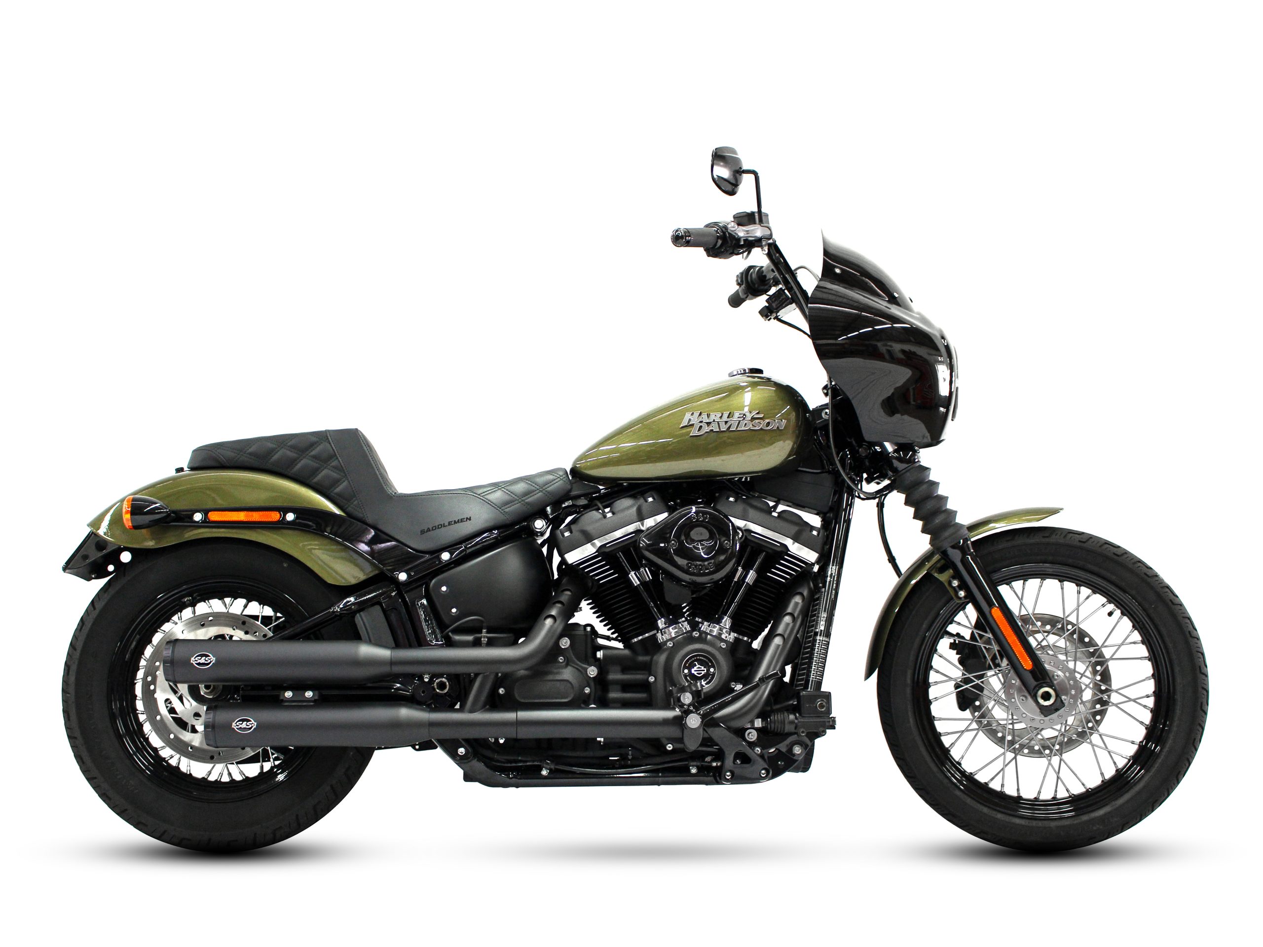 3-1/2in. Grand National Slip-On Mufflers - Black with Black End Caps. Fits Softail Slim, Street Bob, Standard & Low Rider Models 2018-2024 & Breakout & Fat Boy 2018up S&S