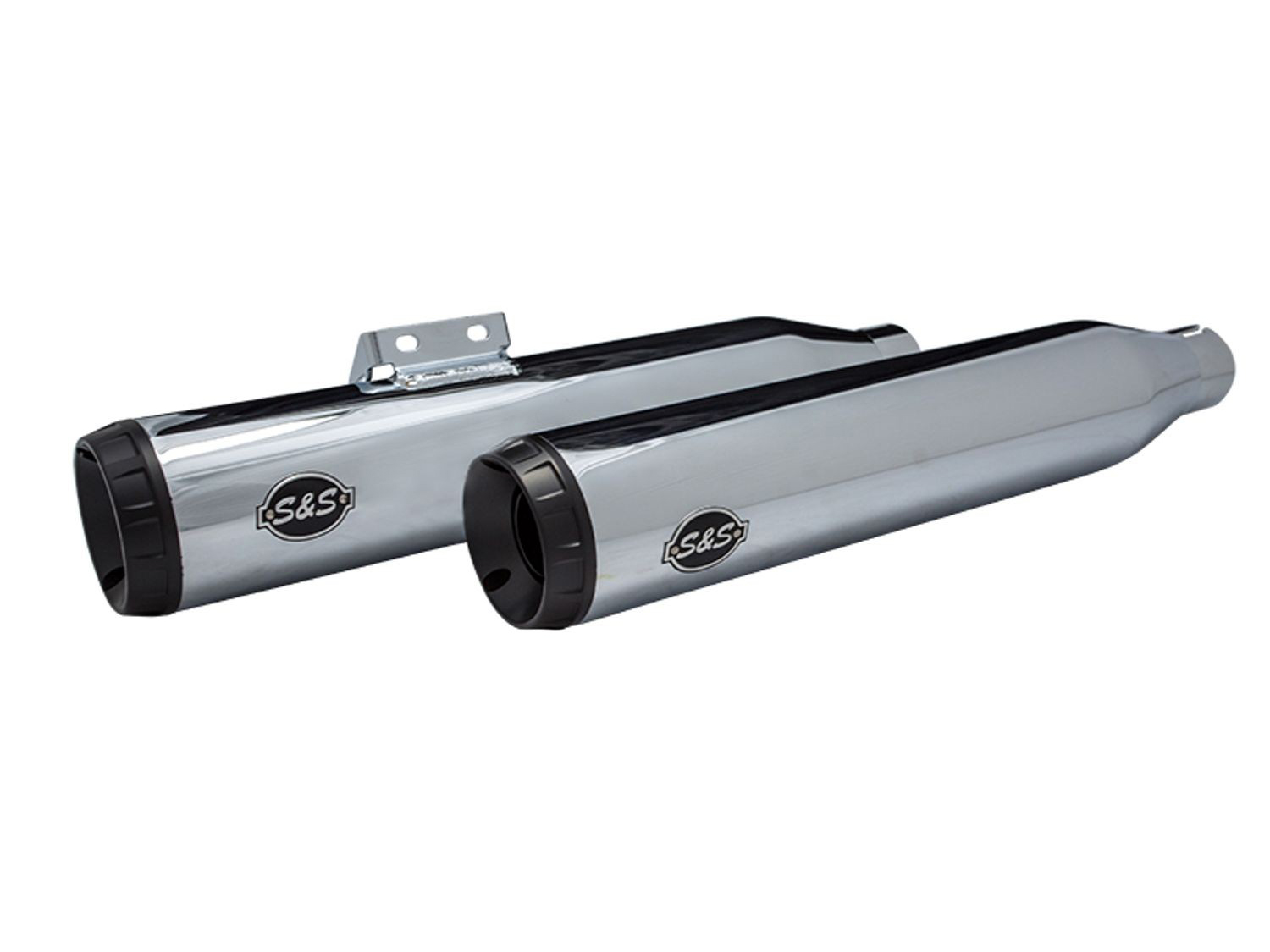 3-1/2in. Grand National Slip-On Mufflers - Chrome with Black End Caps. Fits Softail Slim, Street Bob, Standard & Low Rider Models 2018-2024 & Breakout & Fat Boy 2018up S&S