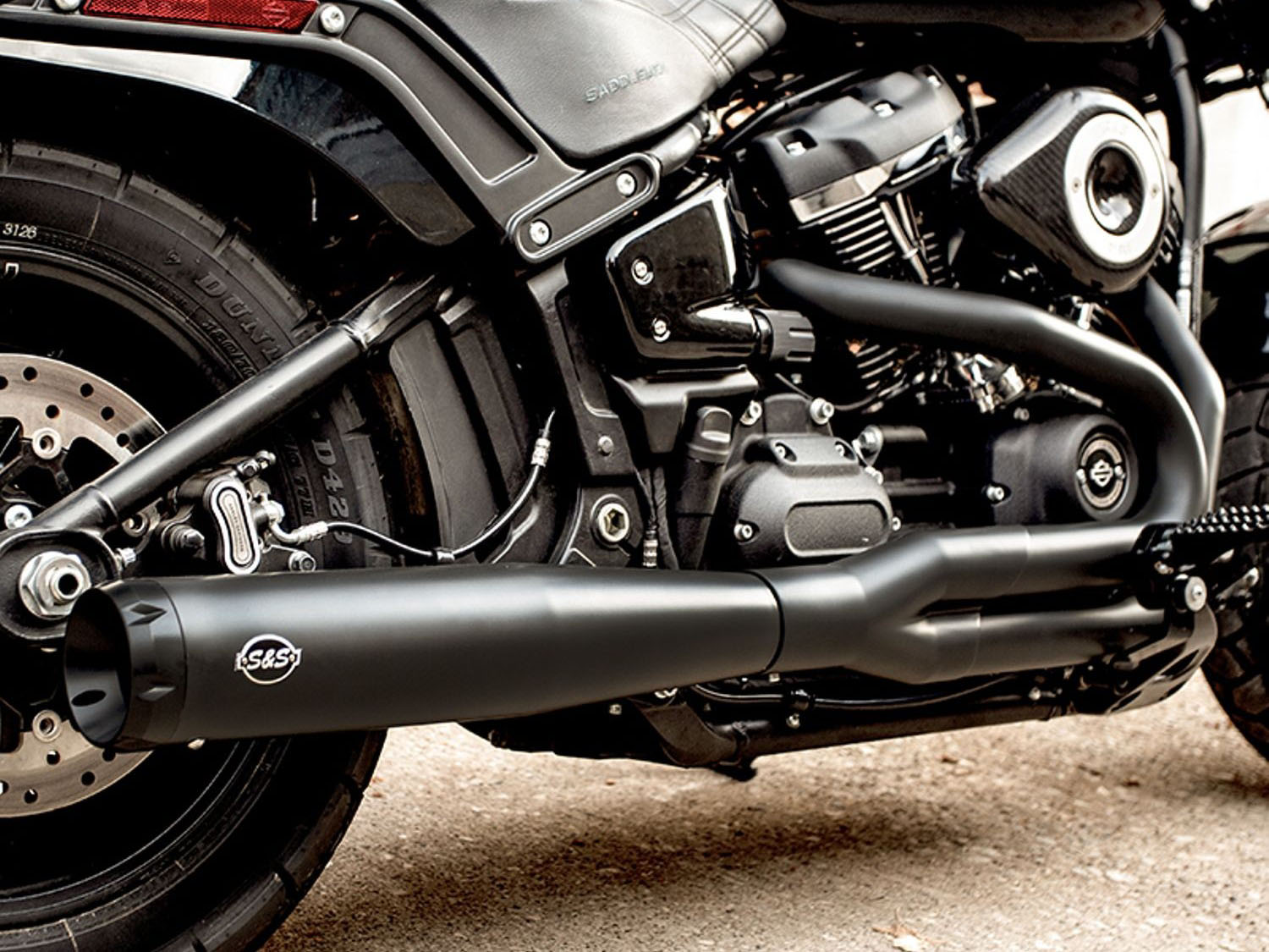 2-into-1 SuperStreet Exhaust - Black with Black End Cap. Fits Softail 2018-2024 Non-240 Rear Tyre Models. S&S - Image 2