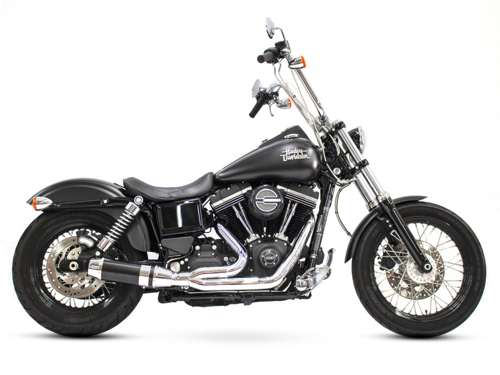 Bob Cat 2-into-1 Exhaust - Chrome with Black Sleeve Muffler. Fits Dyna 2006-2017. D&D EXHAUST