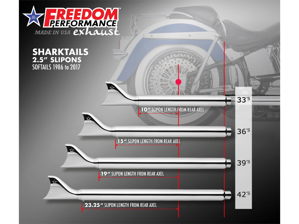 33in. True Dual SharkTail Exhaust - Chrome. Fits Softail 2007-2017. FREEDOM PERFORMANCE EXHAUST - Image 2