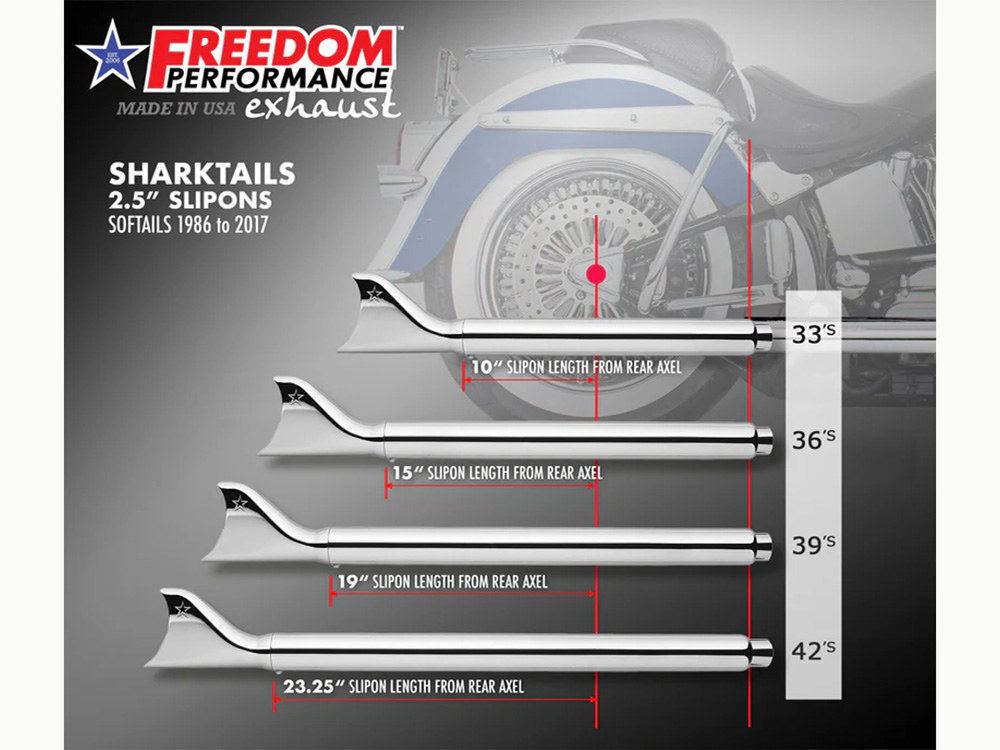 39in. True Dual SharkTail Exhaust - Chrome. Fits Softail 1997-2006 FREEDOM PERFORMANCE EXHAUST - Image 2