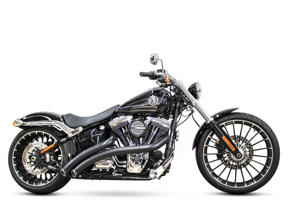 Radical Radius Exhaust - Black with Black End Caps. Fits Softail Breakout 2013-2017 & Rocker 2008-2011. FREEDOM PERFORMANCE EXHAUST