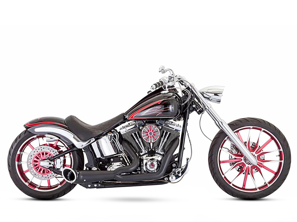 2-into-1 Turnout Exhaust with Black Finish & Black End Cap. Fits Softail Breakout 2013-2017 & Rocker 2008-2011 Models. FREEDOM PERFORMANCE EXHAUST