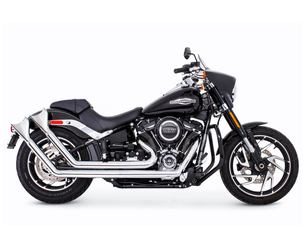 Upsweeps Exhaust - Chrome with Chrome Sharktail End Caps. Fits Softail 2018up. FREEDOM PERFORMANCE EXHAUST