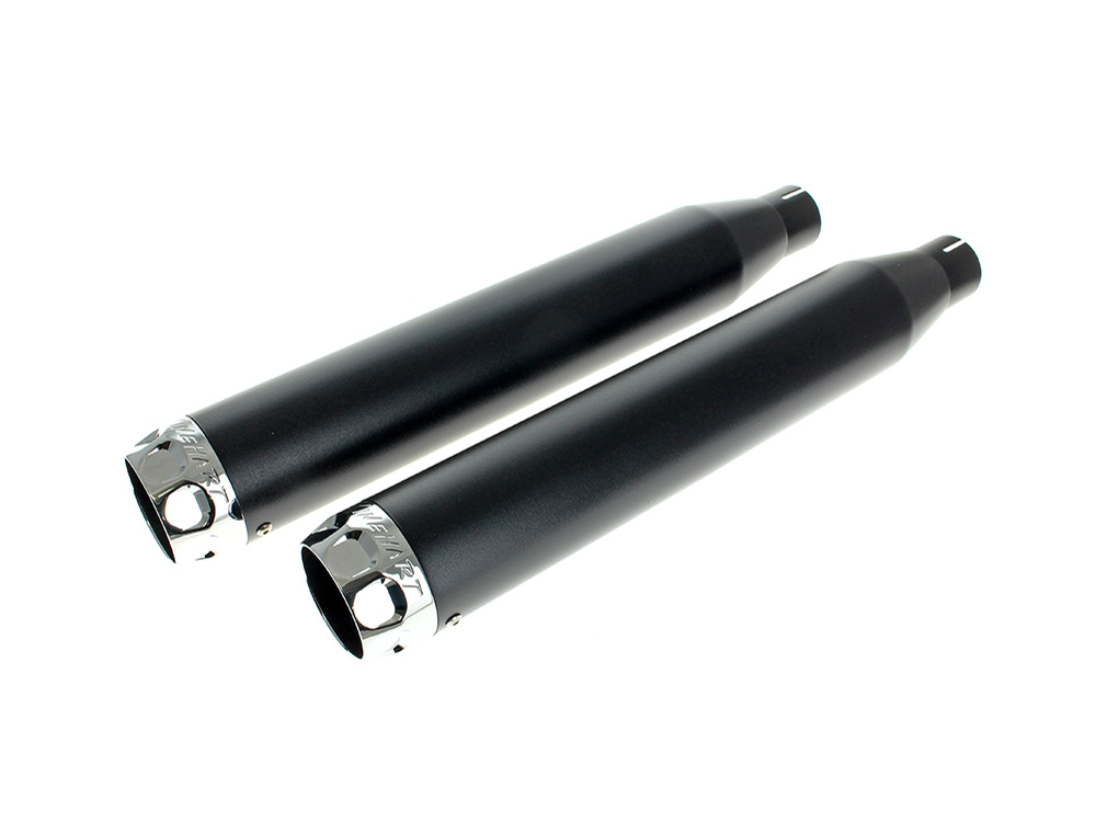 3in. Slip-On Mufflers - Black with Chrome Scalloped End Caps. Fits Softail FXST 2007-2017, Heritage 2007-2017, Breakout 2013-2017 & Rocker 2008-2011 RINEHART EXHAUST
