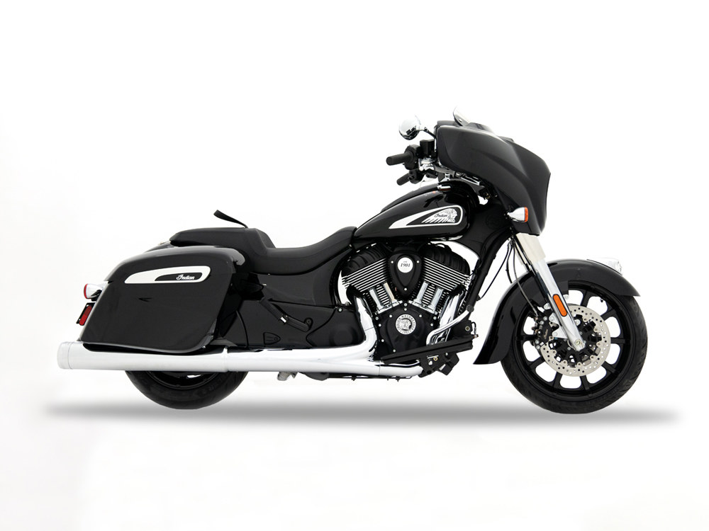 4.5in. DBX45 Slip-On Mufflers - Chrome with Chrome End Caps. Fits Indian Big Twin 2014up with Hard Saddle Bags. RINEHART EXHAUST