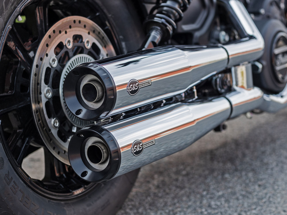 4in. Grand National Slip-On Mufflers - Chrome with Black End Caps. Fits Indian Scout 2015-2024 S&S - Image 2