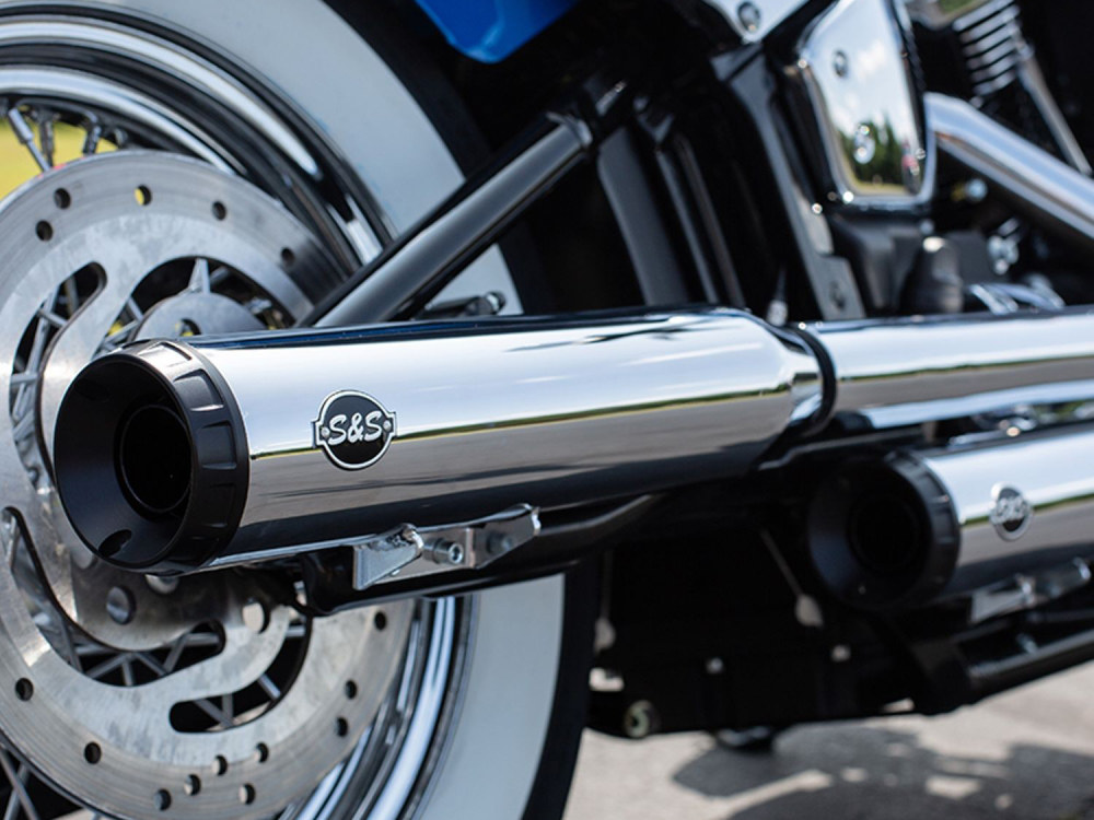 3-1/2in. Grand National Slip-On Mufflers - Chrome with Black End Caps. Fits Heritage Classic 2018-2024 & Deluxe 2018-2020 S&S - Image 2