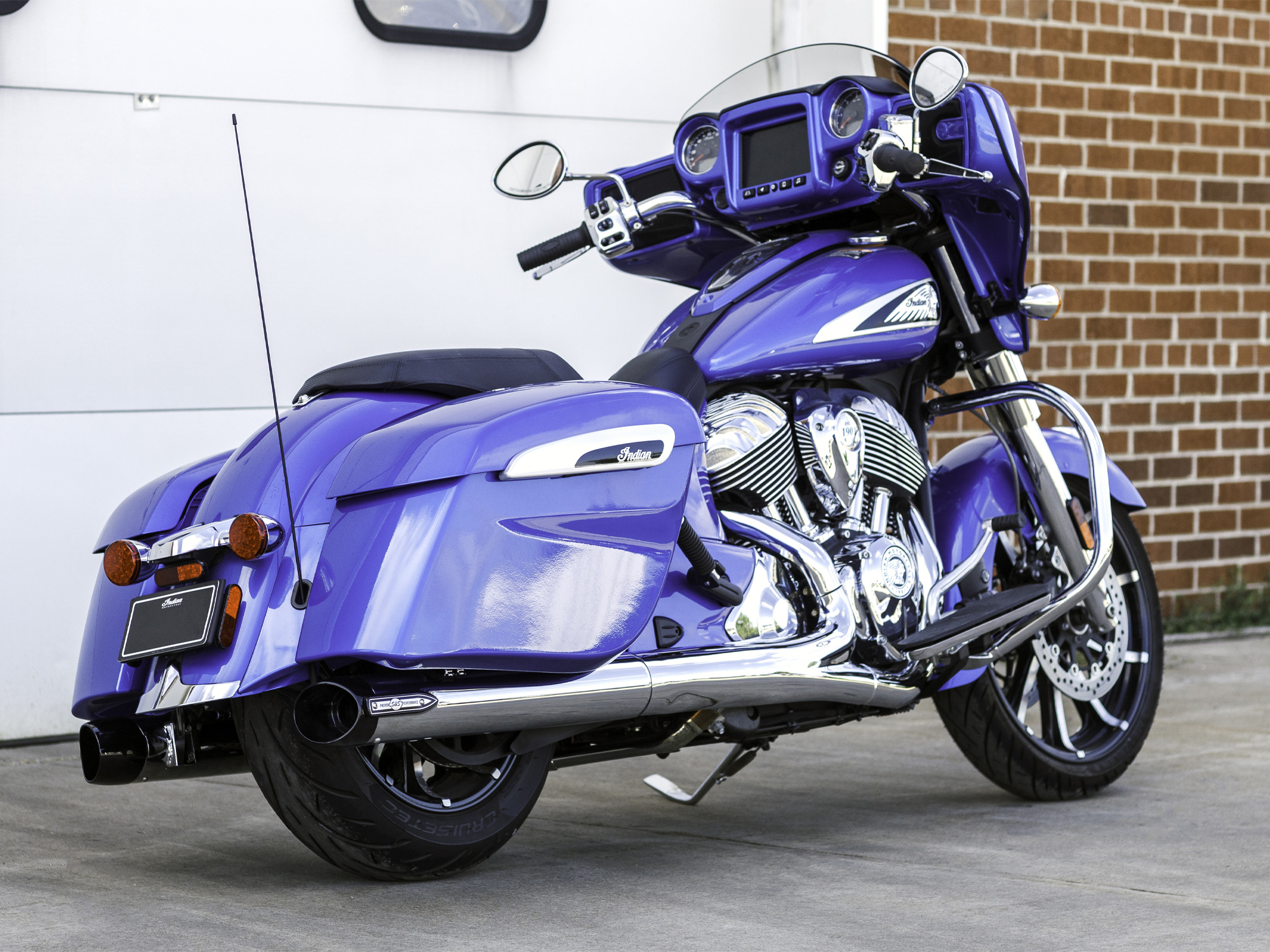 Broadhead 4in. Slip-On Mufflers - Chrome with Black End Caps. Fits Indian Big Twin 2014up with Hard Saddle Bags. S&S