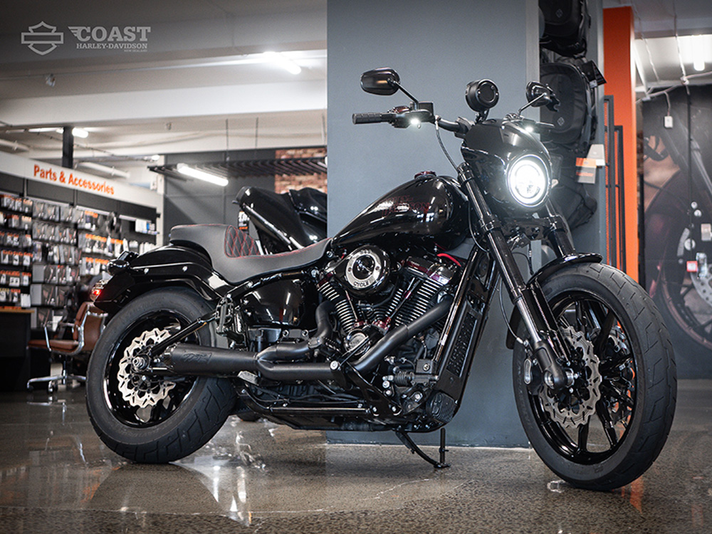 Comp-S 2-into-1 Exhaust - Black with Carbon Fiber End Cap. Fits Softail 2018up with Non-240 Rear Tyre TWO BROTHERS RACING EXHAUST