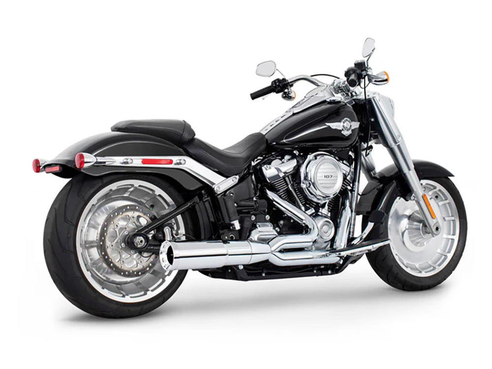 2-into-1 Two Step Exhaust - Chrome with Chrome End Cap. Fits Softail Breakout & Fatboy 2018up with 240 Tyre. FREEDOM PERFORMANCE EXHAUST