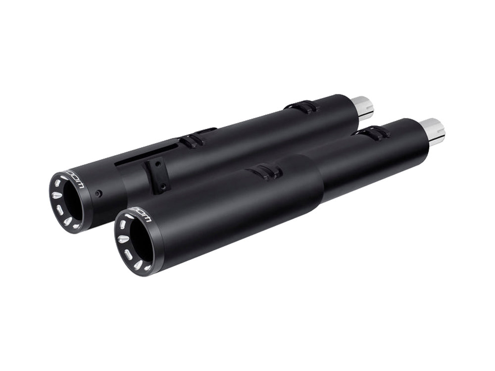 4.5in. Slip-On Mufflers - Black with Sculpted Straight End Caps. Fits Indian Big Twin 2014up with Hard Saddle Bags. FREEDOM PERFORMANCE EXHAUST