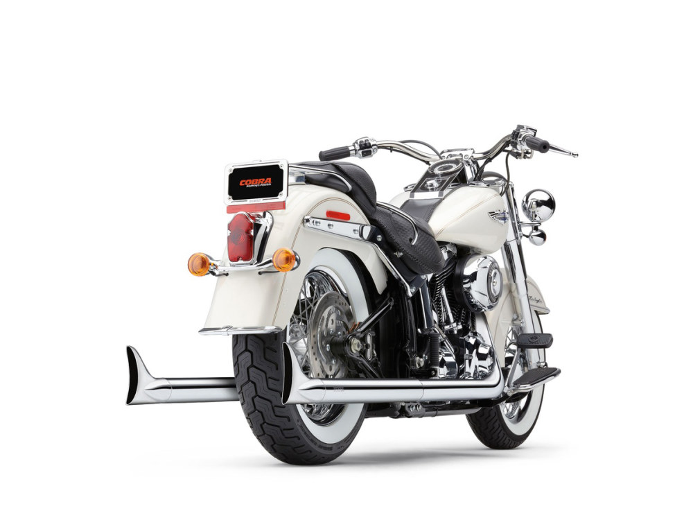 Bad Hombre True Dual Exhaust - Chrome with Chrome Classic Fishtail Tips. Fits Softail 1997-2006. COBRA EXHAUST