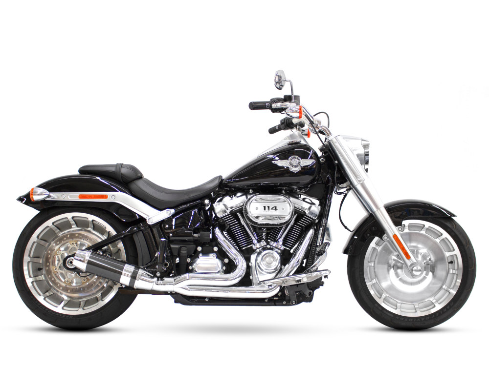 Bob Cat 2-into-1 Exhaust - Chrome with Carbon Fibre Sleeve Muffler. Fits Breakout & Fat Boy 2018up & FXDR 2019up. D&D EXHAUST