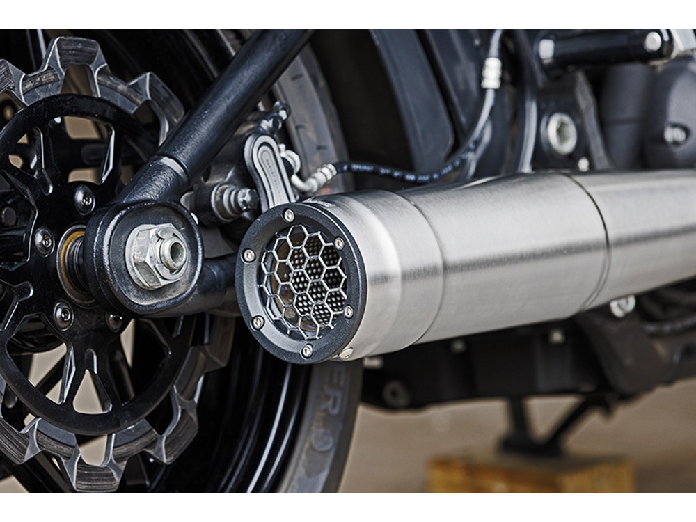 2-into-1 Grand Prix Exhaust - Stainless Steel with Black End Cap. Fits Softail 2018up Non-240 Rear Tyre Models. Firebrand EXHAUST - Image 2