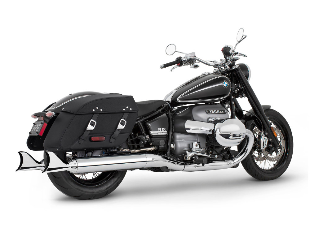 4in. Two-Step Slip-On Mufflers - Chrome with Sharktail Tips. Fits BMW R-18 Classic 2021up. FREEDOM PERFORMANCE EXHAUST