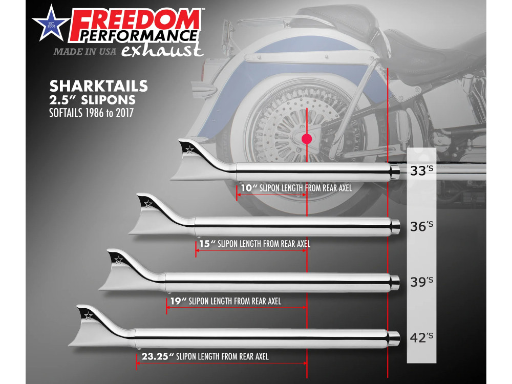 33in. True Dual SharkTail Exhaust - Chrome. Fits Softail 1997-2006. FREEDOM PERFORMANCE EXHAUST - Image 3