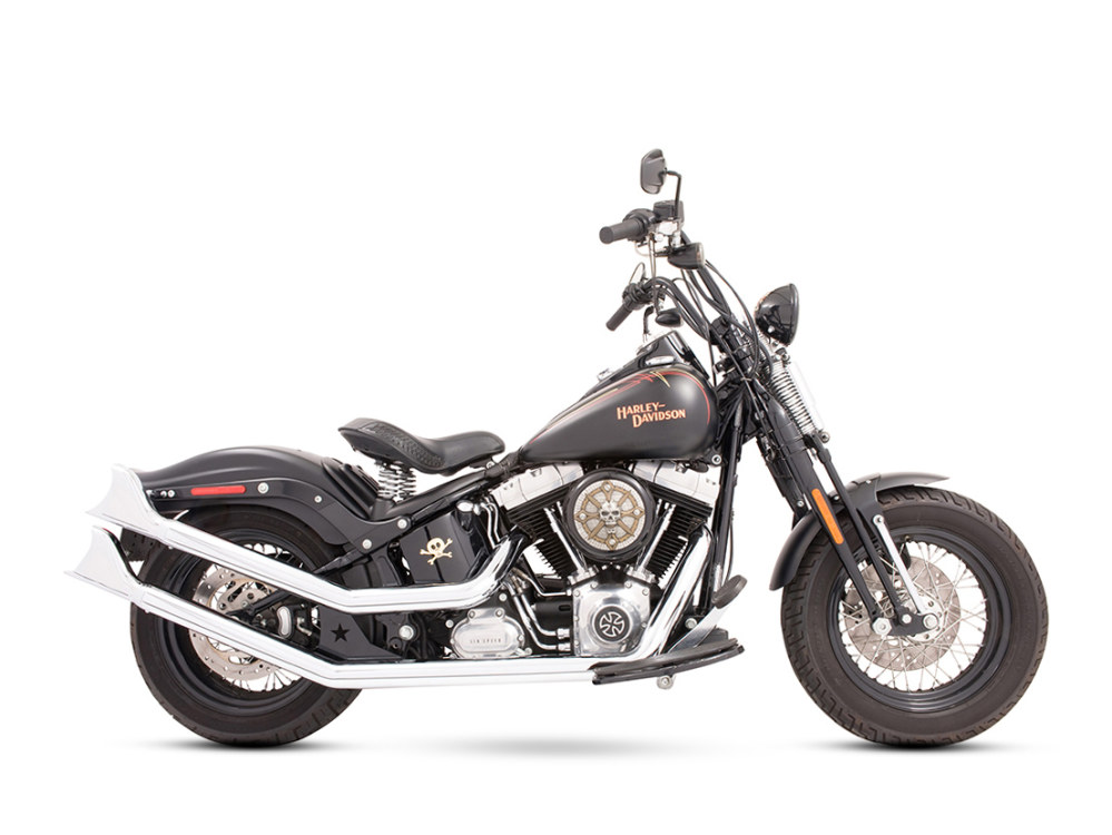 Upswept Exhaust - Chrome with Chrome Sharktail End Caps. Fits Softail 1986-2017. FREEDOM PERFORMANCE EXHAUST - Image 2