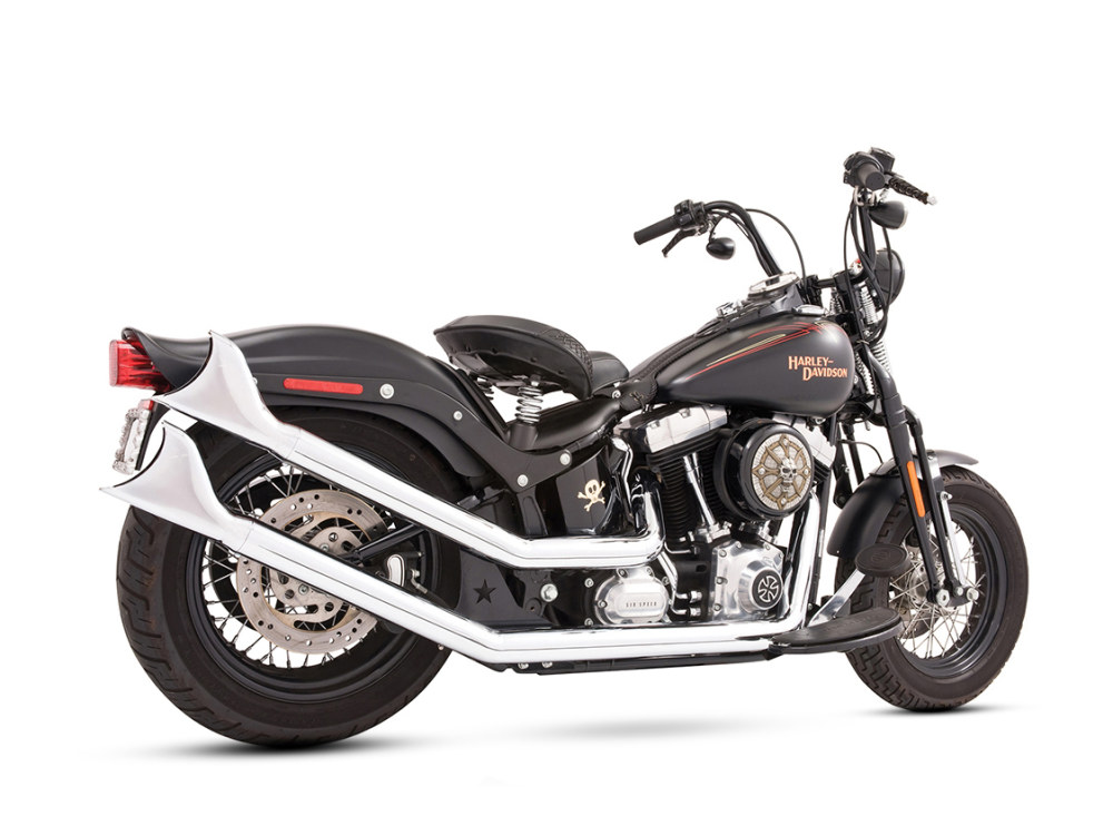 Upswept Exhaust - Chrome with Chrome Sharktail End Caps. Fits Softail 1986-2017. FREEDOM PERFORMANCE EXHAUST