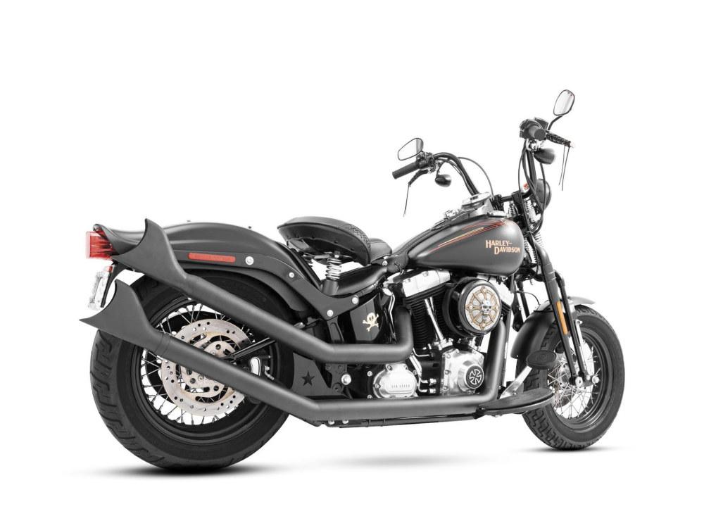 Upswept Exhaust - Black with Black Sharktail End Caps. Fits Softail 1986-2017 FREEDOM PERFORMANCE EXHAUST