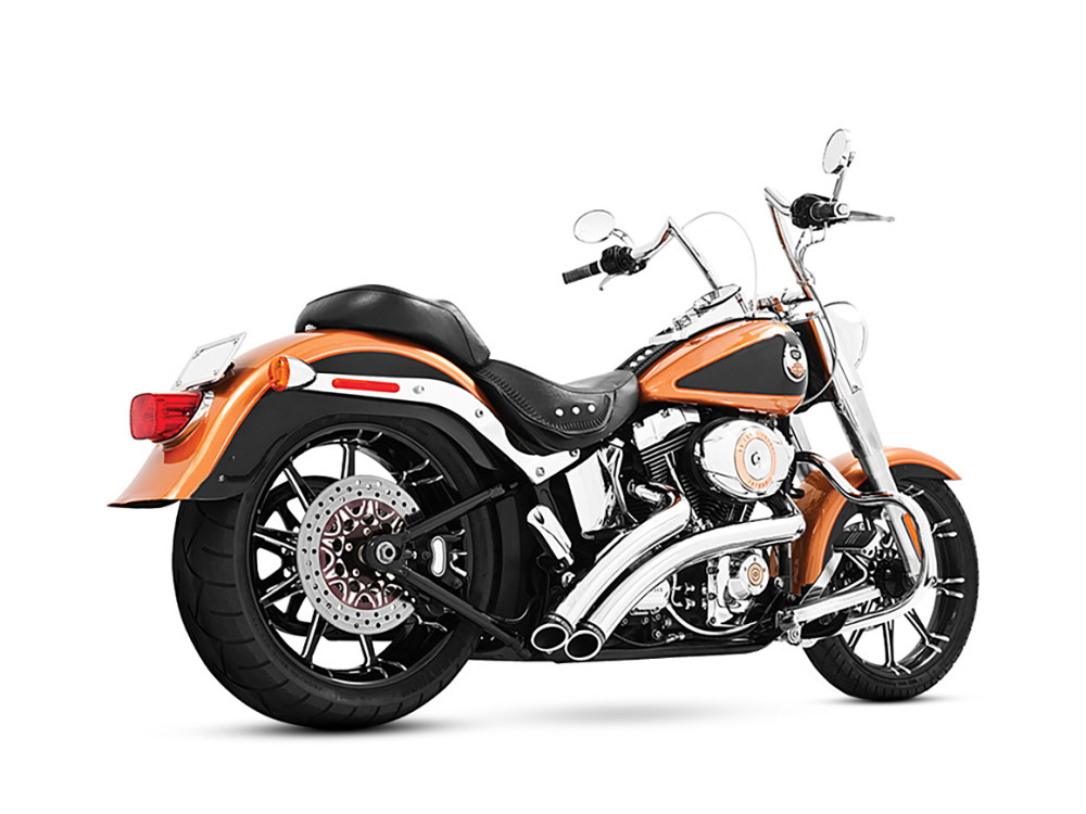Radical Radius Exhaust - Chrome with Chrome End Caps. Fits Softail 1986-2017. FREEDOM PERFORMANCE EXHAUST