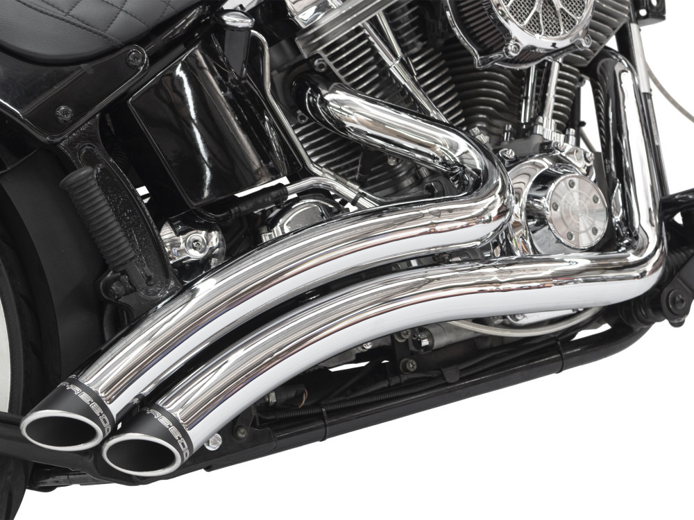 Sharp Curve Radius Exhaust - Chrome with Black End Caps. Fits Softail 1986-2017. FREEDOM PERFORMANCE EXHAUST - Image 3