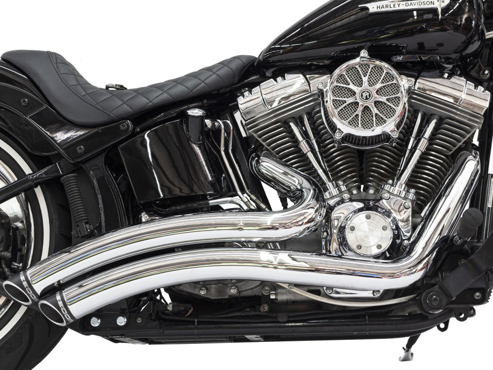 Sharp Curve Radius Exhaust - Chrome with Black End Caps. Fits Softail 1986-2017. FREEDOM PERFORMANCE EXHAUST - Image 4