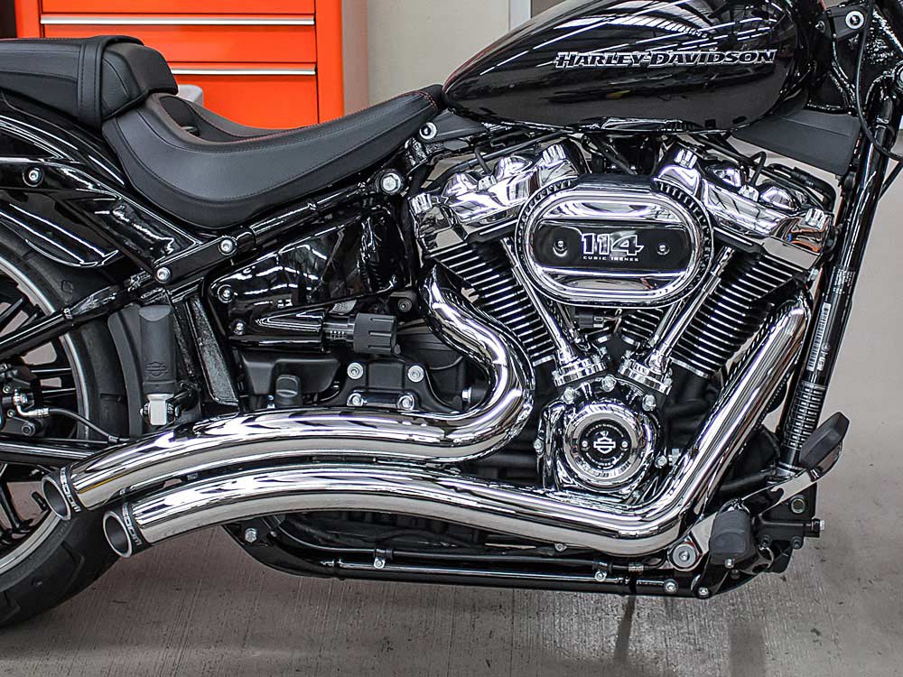 Sharp Curve Radius Exhaust - Chrome with Black End Caps. Fits Softail 2018up. FREEDOM PERFORMANCE EXHAUST - Image 2