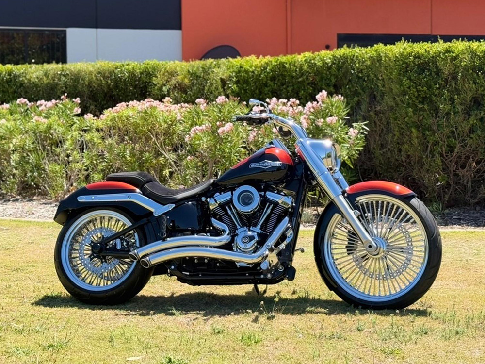 Sharp Curve Radius Exhaust - Chrome with Black End Caps. Fits Softail 2018up. FREEDOM PERFORMANCE EXHAUST - Image 4