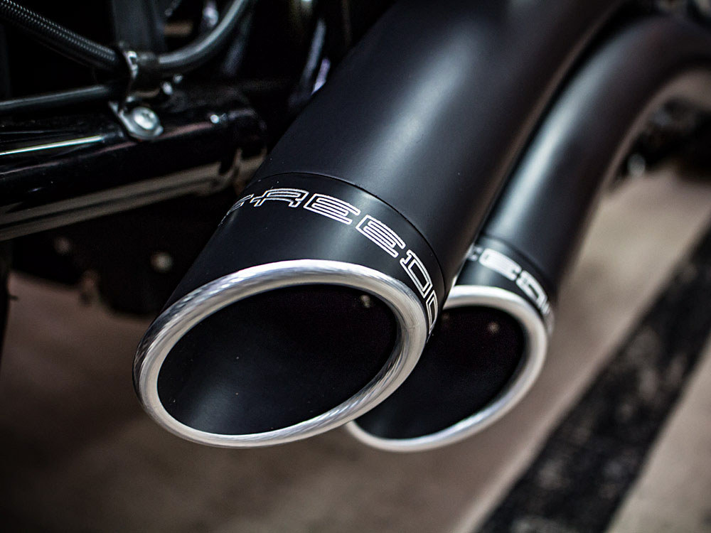 Sharp Curve Radius Exhaust - Black with Black End Caps. Fits Softail 2018up. FREEDOM PERFORMANCE EXHAUST - Image 2