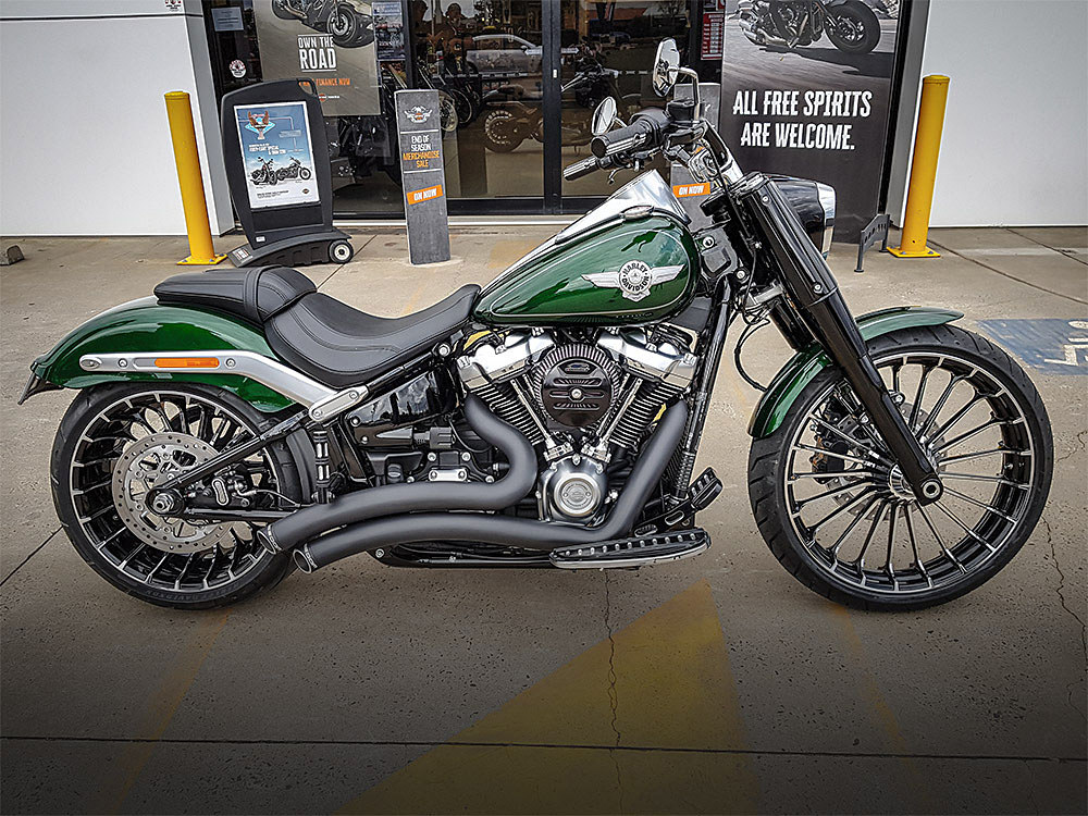 Sharp Curve Radius Exhaust - Black with Black End Caps. Fits Softail 2018up. FREEDOM PERFORMANCE EXHAUST - Image 3