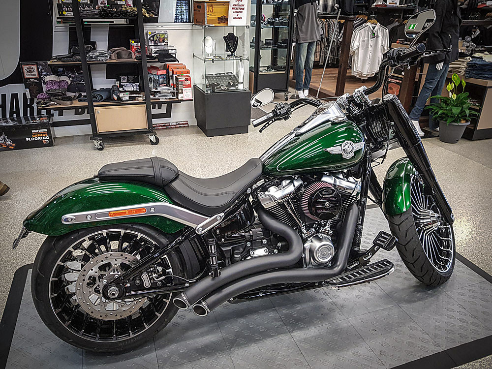 Sharp Curve Radius Exhaust - Black with Black End Caps. Fits Softail 2018up. FREEDOM PERFORMANCE EXHAUST - Image 4