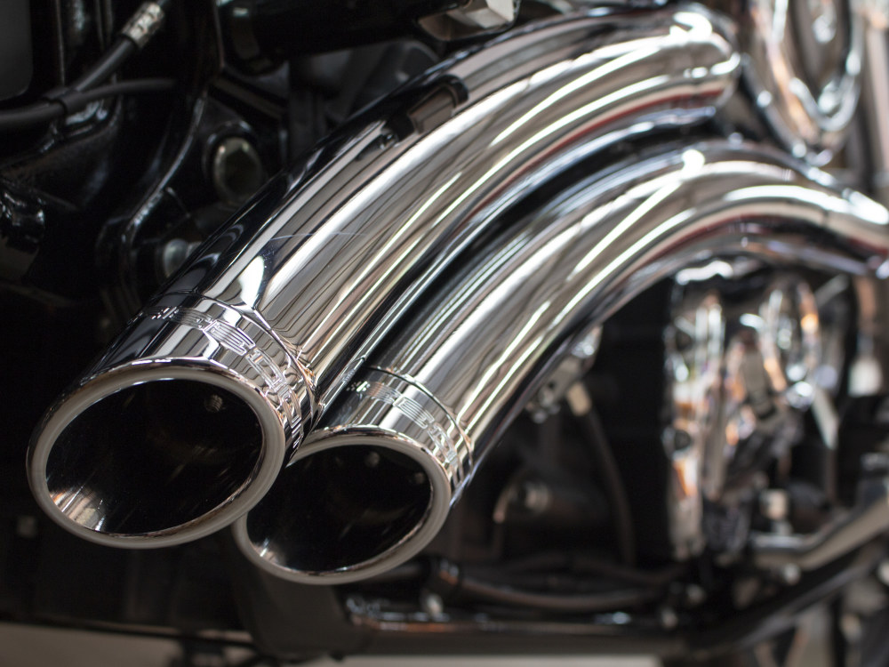 Radical Radius Exhaust - Chrome with Chrome End Caps. Fits Softail 2018up. FREEDOM PERFORMANCE EXHAUST - Image 2