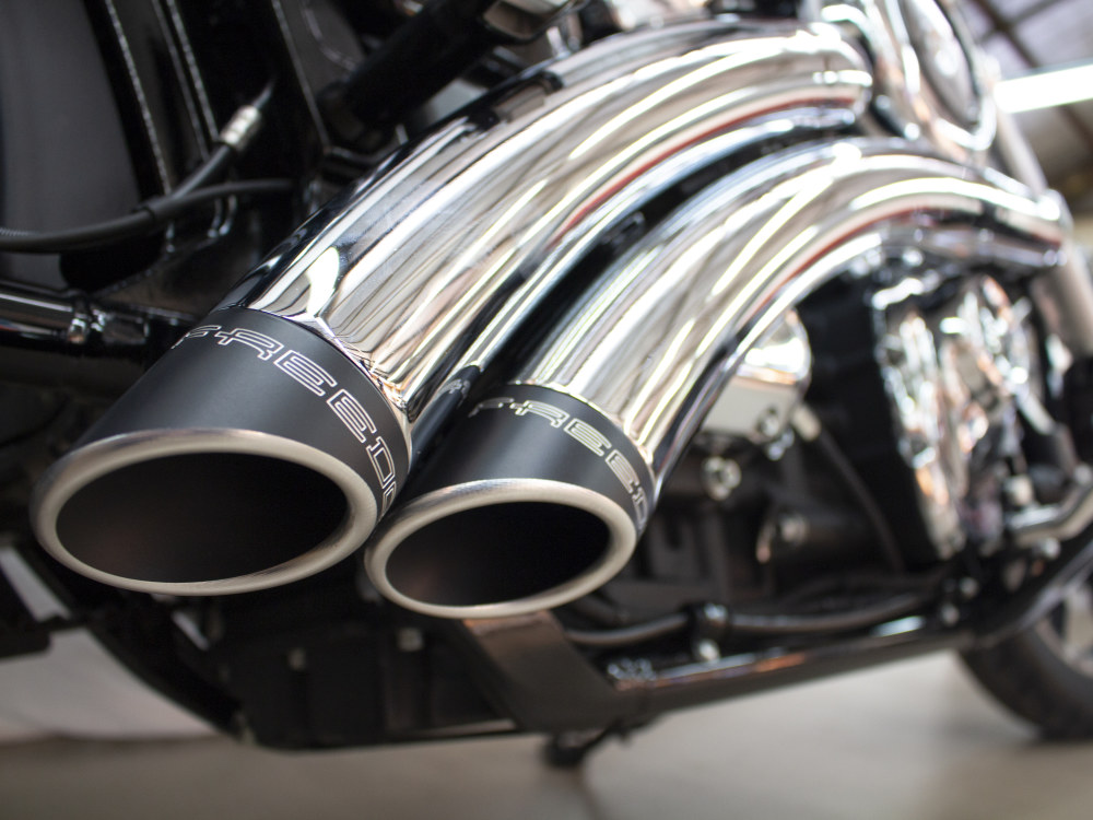 Radical Radius Exhaust - Chrome with Black End Caps. Fits Softail 2018up. FREEDOM PERFORMANCE EXHAUST - Image 2