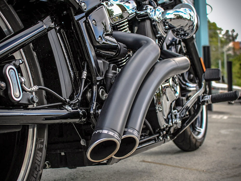Radical Radius Exhaust - Black with Black End Caps. Fits Softail 2018up. FREEDOM PERFORMANCE EXHAUST - Image 3
