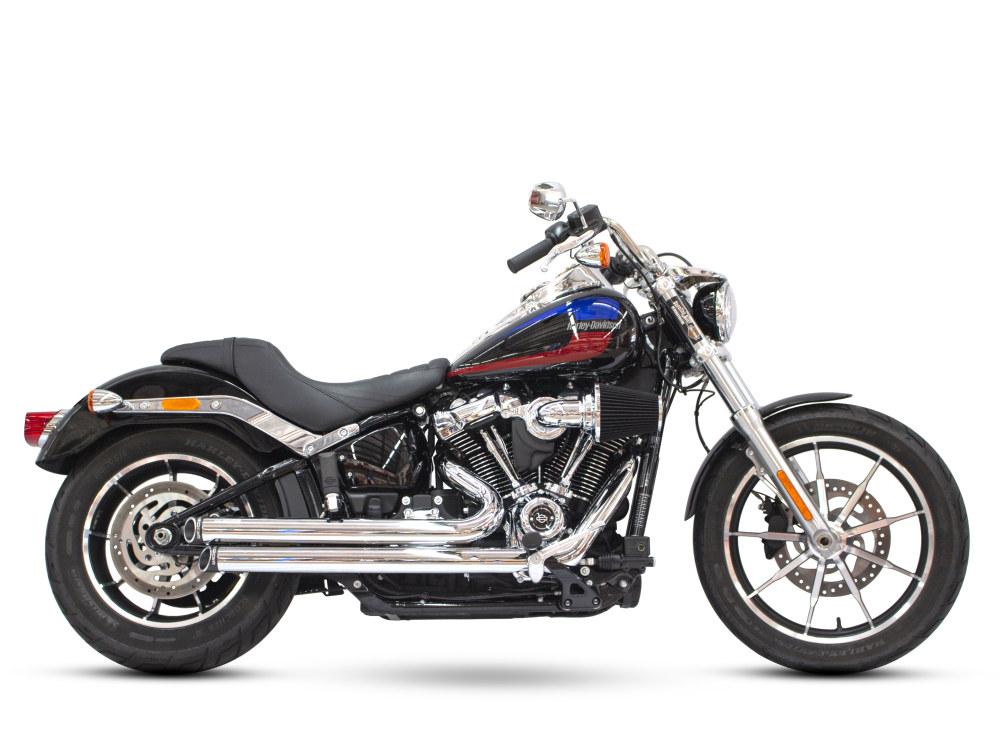 Independence Staggered Slash Exhaust - Chrome with Black End Caps. Fits Softail 2018up. FREEDOM PERFORMANCE EXHAUST