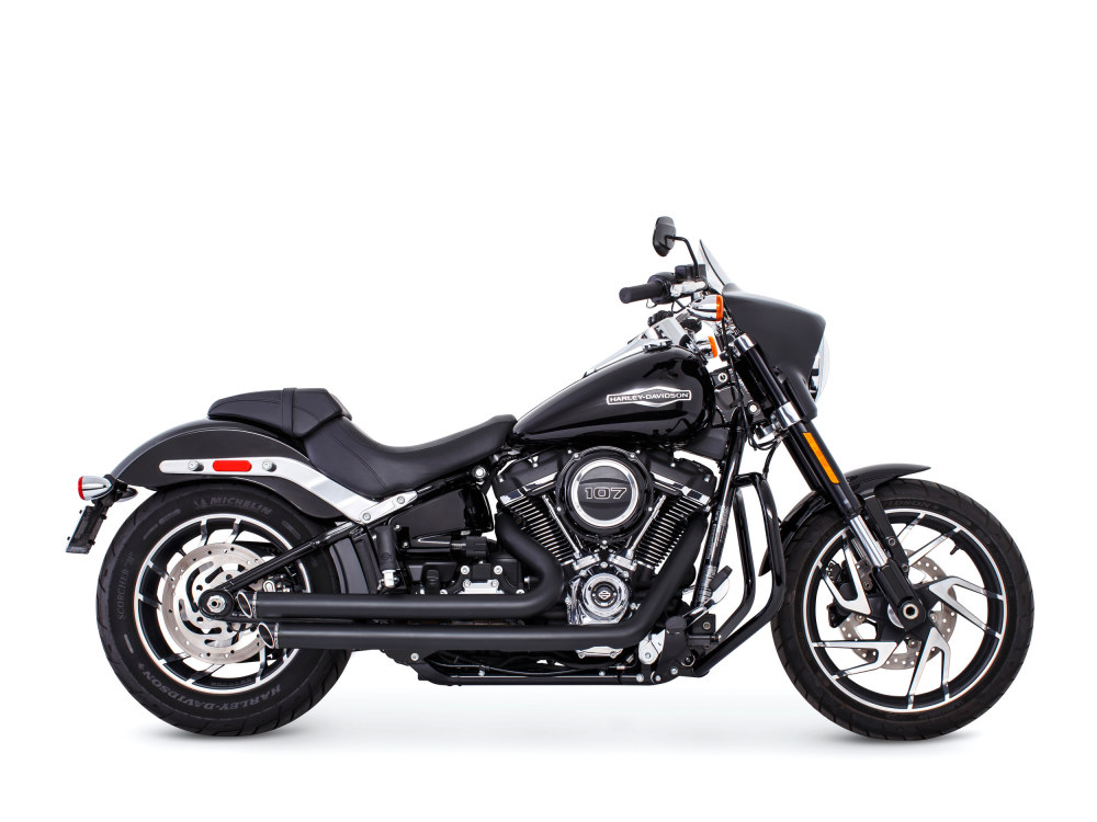 Independence Staggered Slash Exhaust - Black with Black End Caps. Fits Softail 2018up. FREEDOM PERFORMANCE EXHAUST