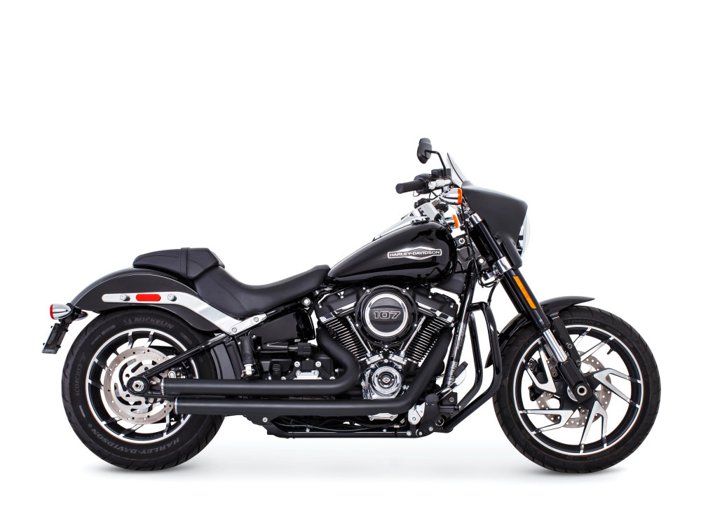 Independence Staggered Exhaust - Black with Black End Caps. Fits Softail 2018up. FREEDOM PERFORMANCE EXHAUST