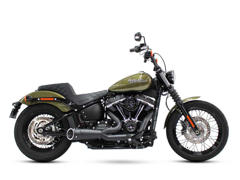 Combat Shorty 2-into-1 Exhaust - Black with Black End Cap. Fits Softail 2018up. FREEDOM PERFORMANCE EXHAUST