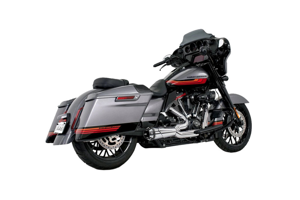 American Outlaw Shorty 2-into-1 Exhaust - Chrome with Black End Cap. Fits Touring 2017up. FREEDOM PERFORMANCE EXHAUST