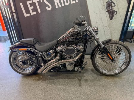Radical Radius Exhaust - Chrome with Black End Caps. Fits Softail Breakout & Fat Boy 2018up FREEDOM PERFORMANCE EXHAUST