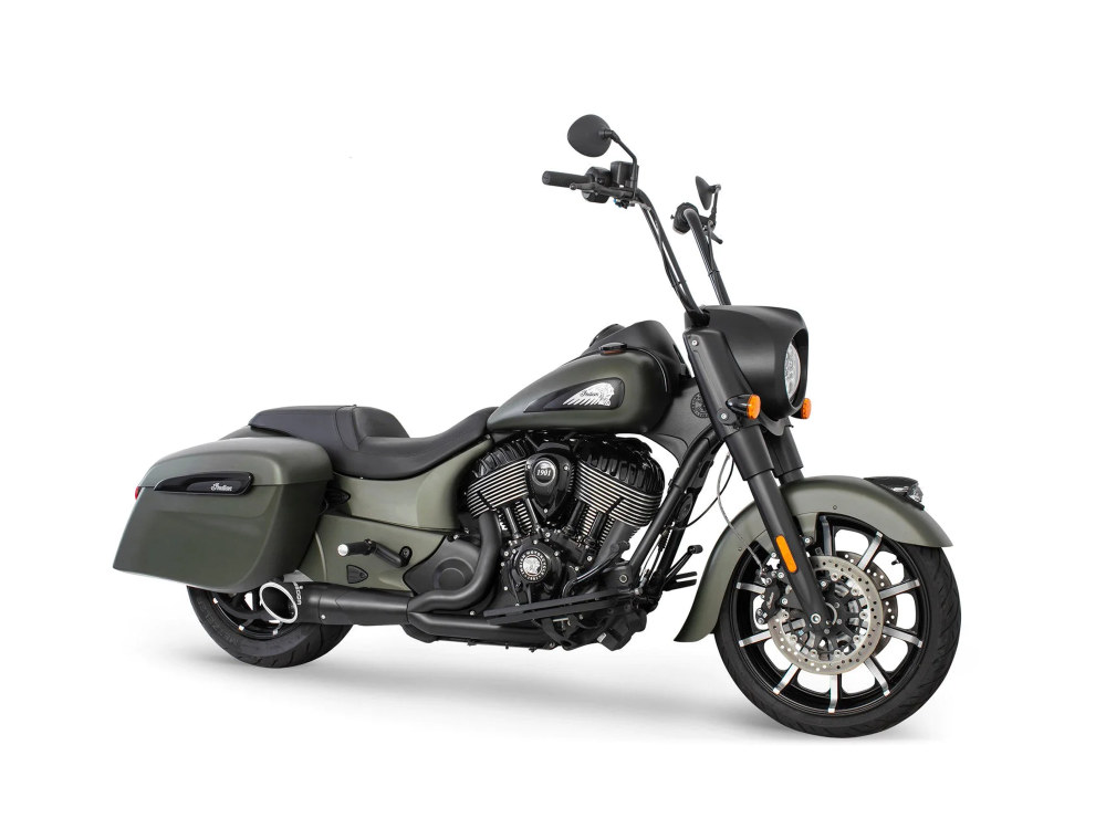Turnout 2-into-1 Exhaust - Black with Black End Cap. Fits Indian Big Twin 2014up with Hard Saddle Bags. FREEDOM PERFORMANCE EXHAUST