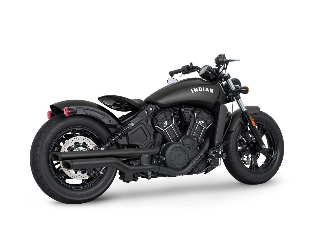 2.5in. Slip-On Mufflers - Black with Black Slash End Caps. Fits Indian Scout 2015-2024 FREEDOM PERFORMANCE EXHAUST
